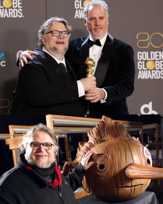 GUillermo del toro recibiendo golden globe por pinocho su cinta animada de stop motion