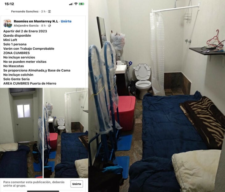 Publicación en Facebook de mini loft que en realidad es un baño con múltiples pruebas de ello como el inodoro y la regadera que no tienen separación del cuarto o area para descansar