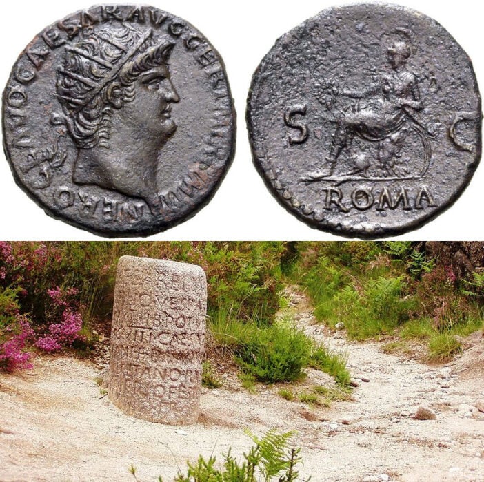 Monedas romanas hacia el siglo I 68 era común y marcas de camino romanas