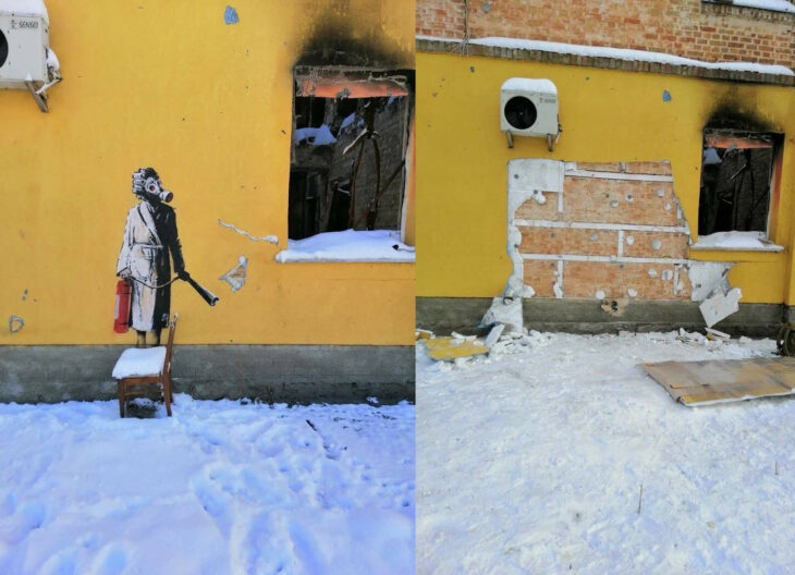 Mural de mujer en bata y con máscara de gas antes y después de ser retirada de la pared donde fue creada por Banksy