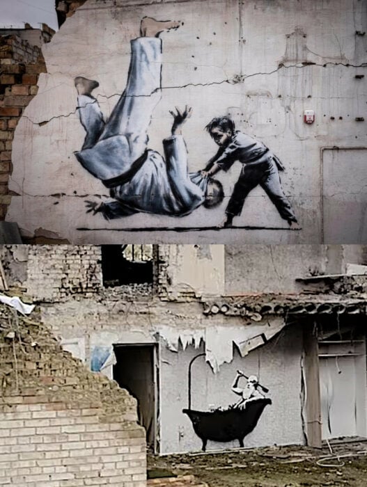 Los murales de banksy hombre viejo y niño derribando a adulto