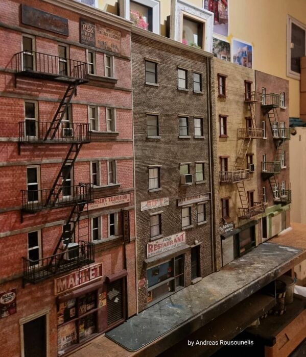 Barrio viejo de Nueva York de visita diorama restaurante mercado tienda de regalos y de televisión