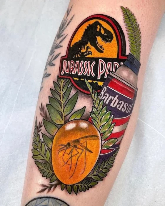 Parque jurásico tatuaje objetos receptáculo para adn logo y mosquito en ambar