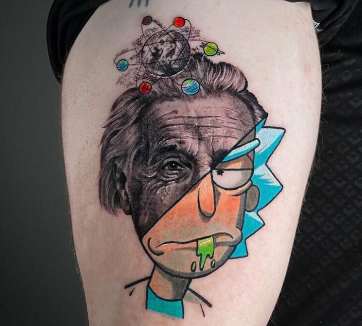 Rick y einstein en un tatuaje tattoo híbrido