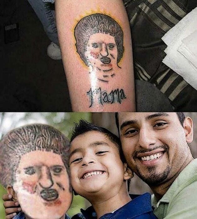 Tatuaje de mamá superpuesto en el rostro de la señora