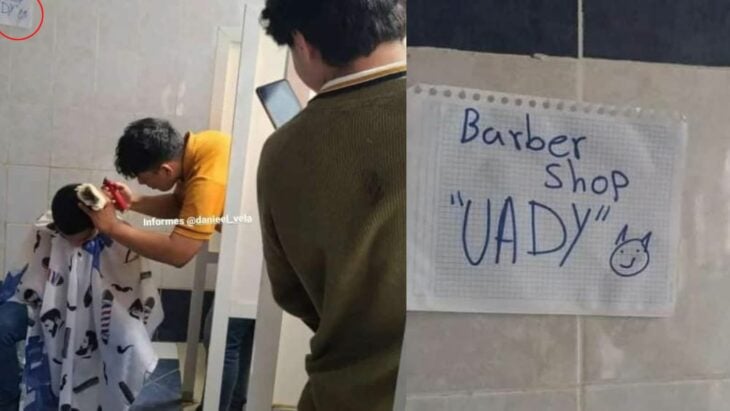 Daniel Baas Vela atendiendo a un cliente en su peluquería 