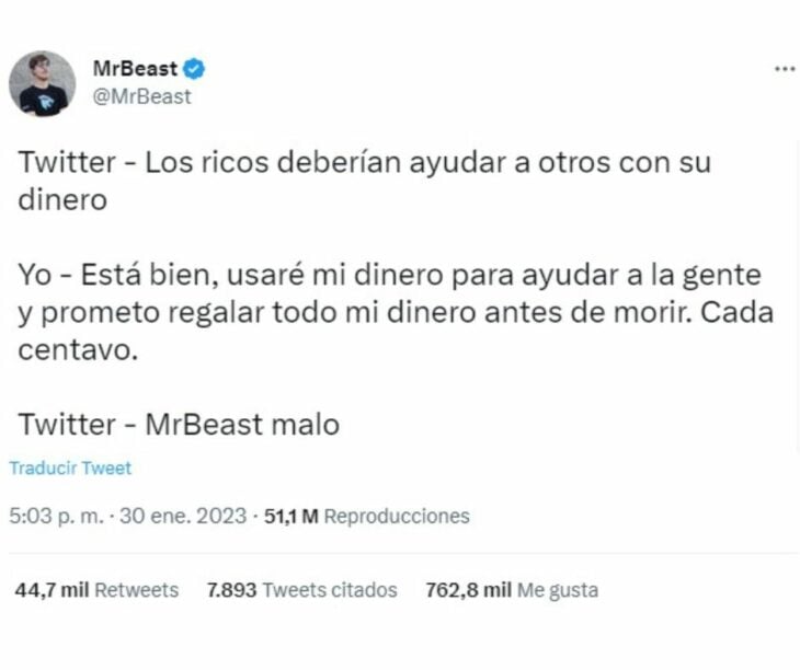 Respuesta en Twitter de Mr. Beast por polémica de su video donde regala operaciones de la vista