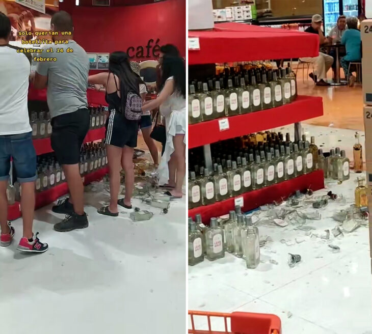 Rompen botellas en el supermercado