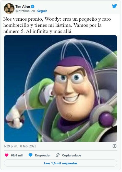 Buzz lighyear tuit de tima allen diciendo que ya vienen en la quinta entrega de Toy STory