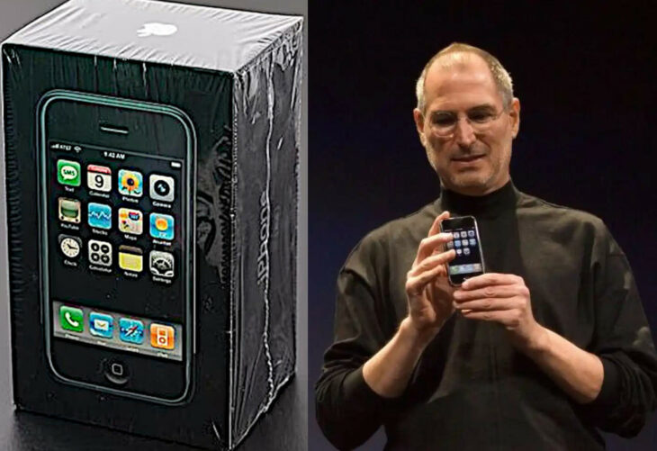 Steve Jobs Presentando el iphone de 2007 y el iphone sin abrir en 15 años