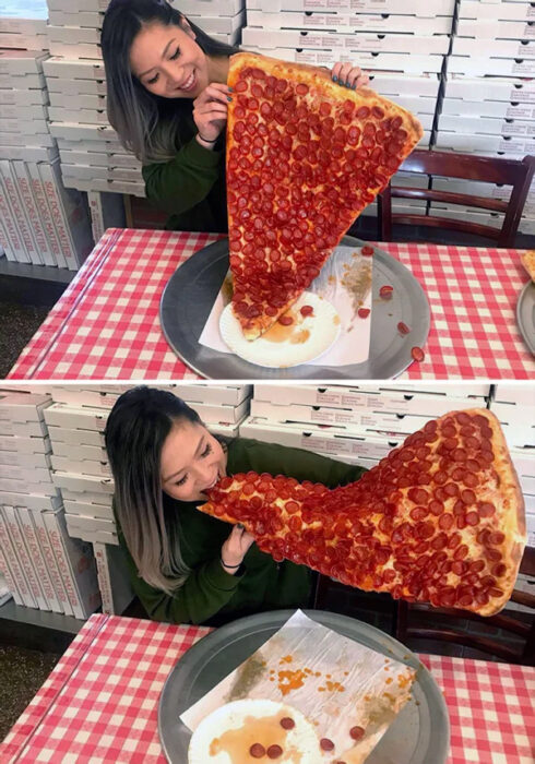 Mujer comiendo pizza gigante