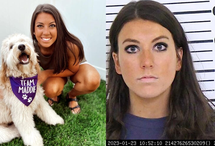 Mujer estafa por tik tok Madison Russo con perro y siendo fotografiada para el registro criminal