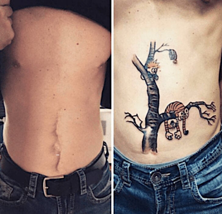 Tattoo tatuaje de un chico y su tigre tira cómica subidos en un árbol encaramados