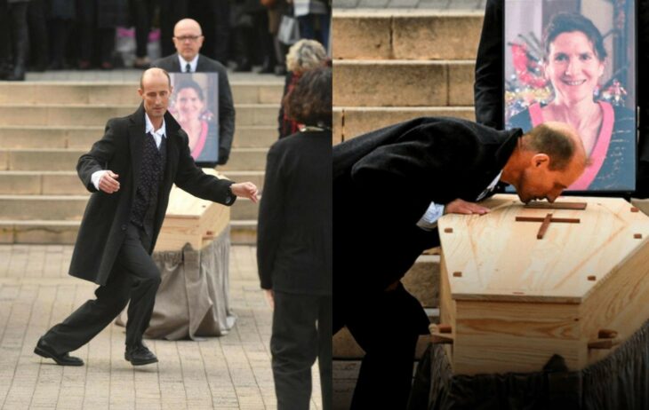 Stéphane Voirin bailando en el funeral de su esposa asesinada