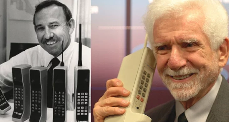 Martin Cooper antes y después junto con el teléfono celular vintage