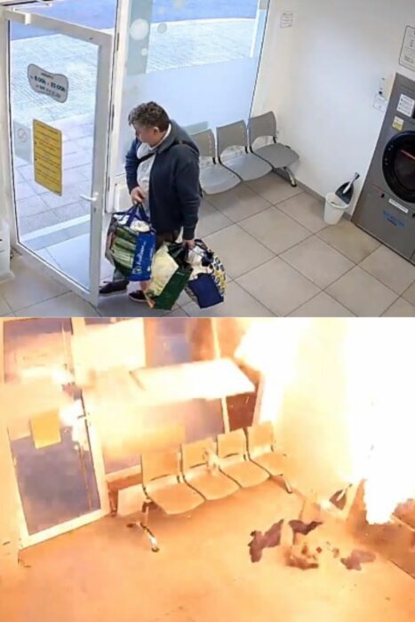 Hombre sale de una lavandería que se incendia segundos después 