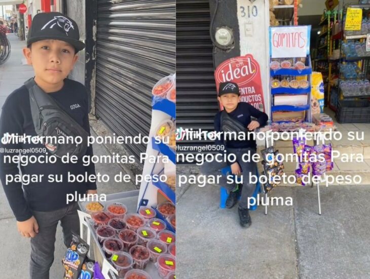 Niño en su puesto de gomitas para ver a Peso Pluma