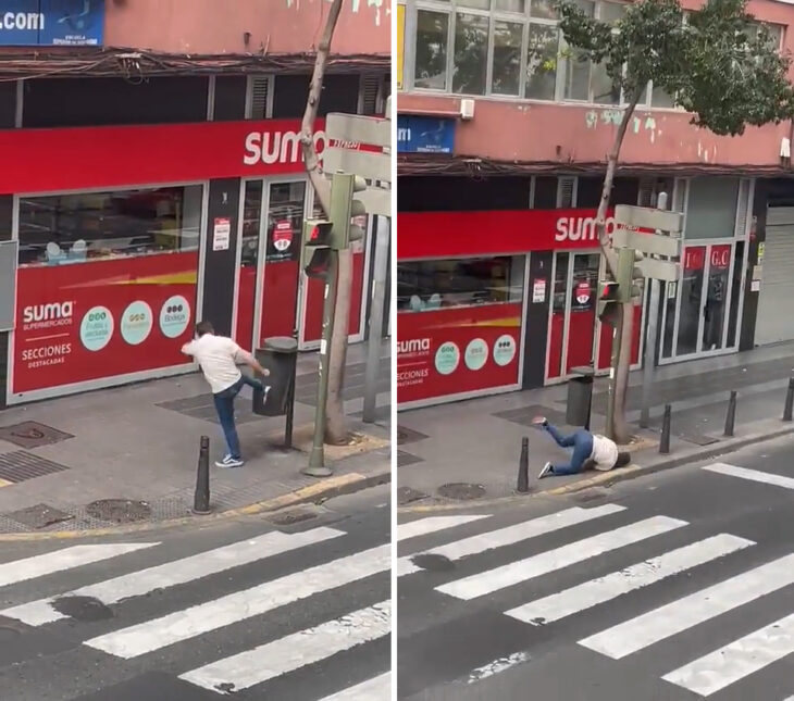 Peleándose con un bote de basura