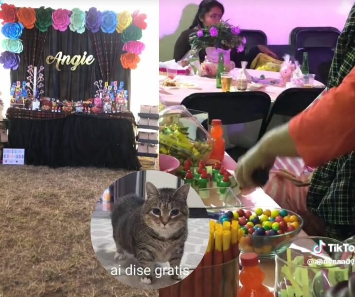 Señora se agandalla dulces de la mesa de dulces con una bolsa de plástico 