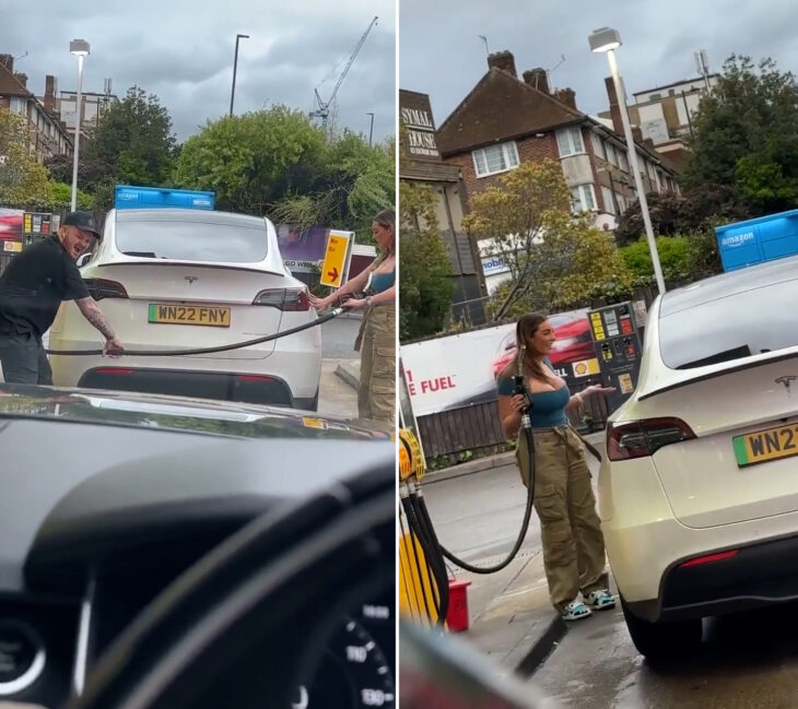 Intenta echarle gasolina a un auto electrico