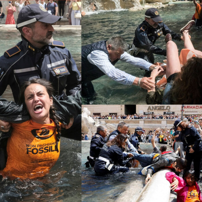 Con pucheros y a la fuerza sacan a protestantes de la fuente de trevi