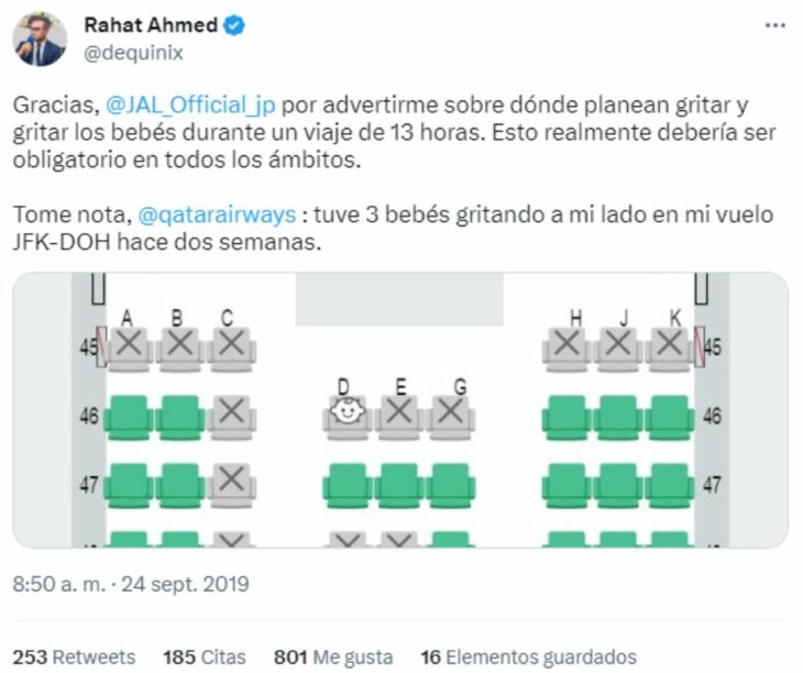 Captura de pantalla de Rahat Ahmed sobre reservaciones de vuelo lejos de los bebés