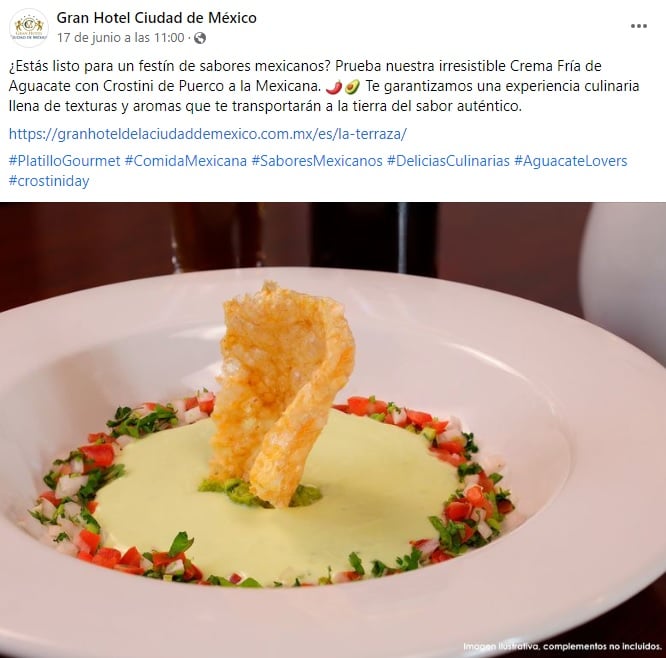 Publicación del Hotel de la Ciudad de México ofreciendo crostinis de puerco