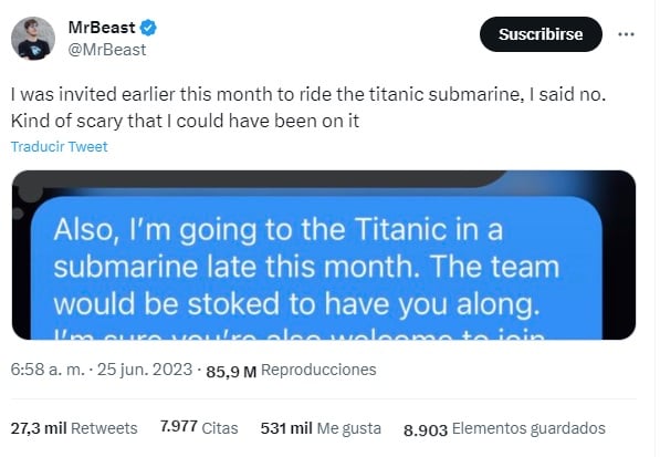 MrBeast captura de pantalla donde rechaza participar en viaje en submarino Titán 