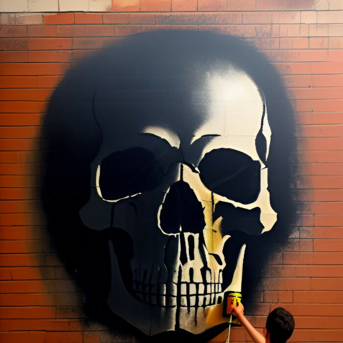 Calavera pintada en pared de ladrillos por artista callejero