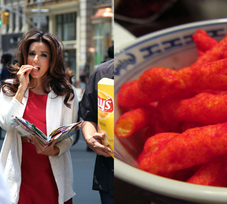 Eva Longoria comiendo lays cheetos flaming hot en plato